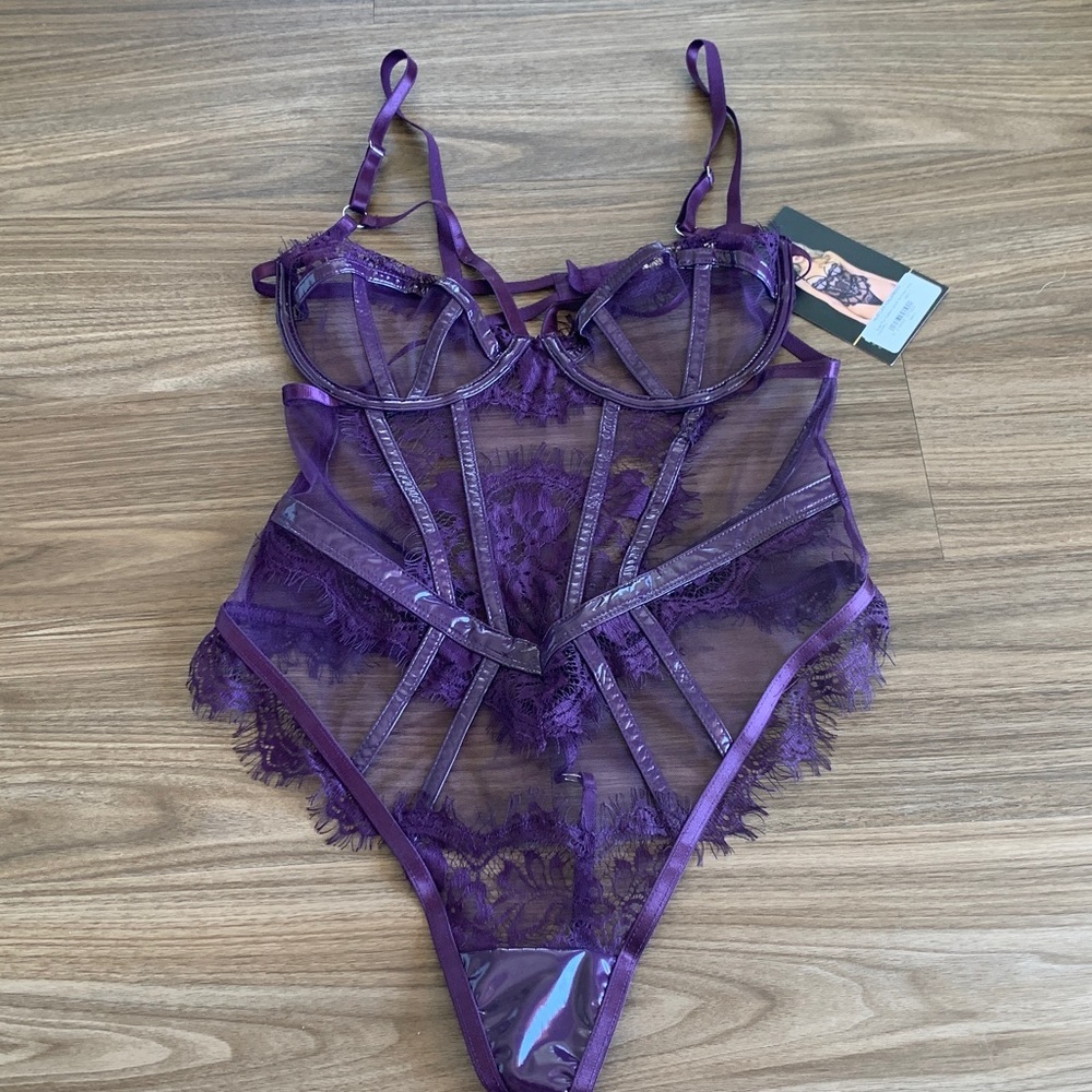 Roma Purple Lace and faux leather Bodysuit